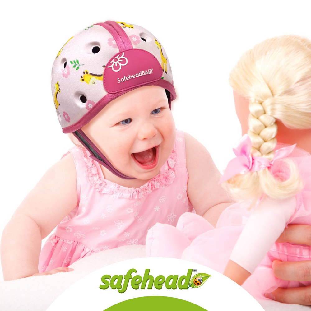 Мягкая шапка-шлем для защиты головы SafeheadBABY. Жираф. Цвет: белый с розовым  #1