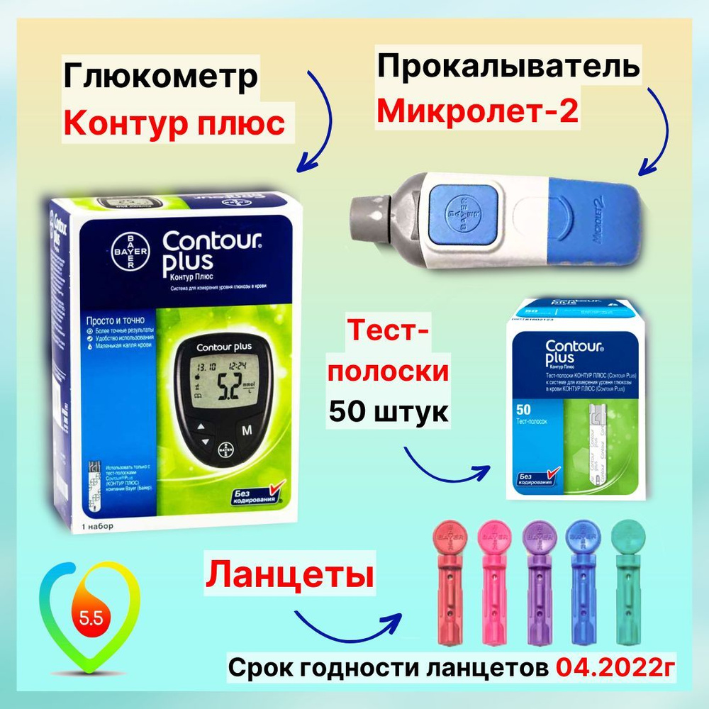 Глюкометр Контур плюс с прокалывателем + тест-полоски № 50, салфетки 10 ...