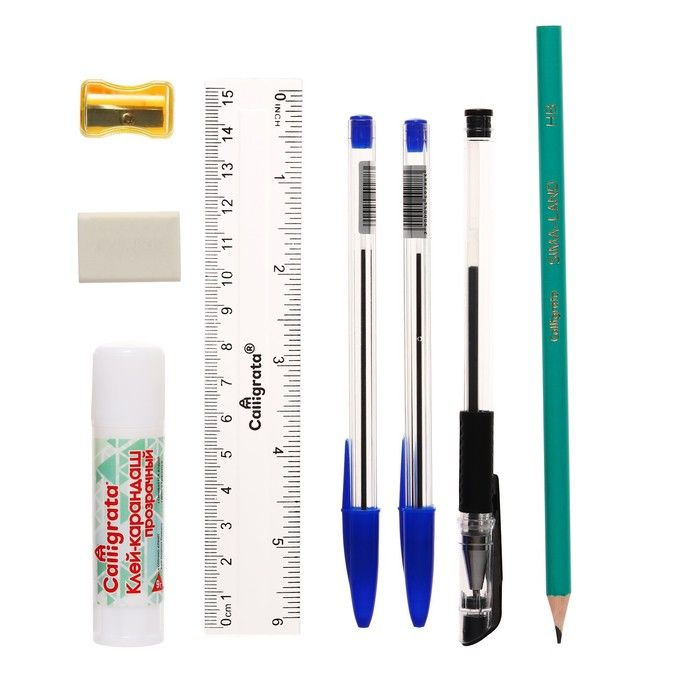 Набор канцелярский (2 синих ручки, черная гелевая, ластик,точилка,линейка, карандаш ч/г,клей)  #1