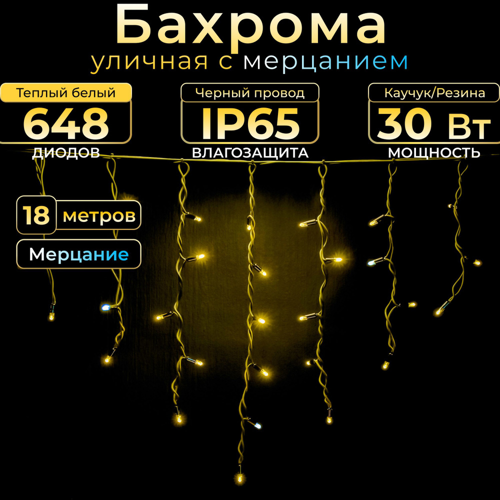 Гирлянда Бахрома с мерцанием 18 м, Черный каучук, IP65, Теплый белый, 220в. Код 010511  #1