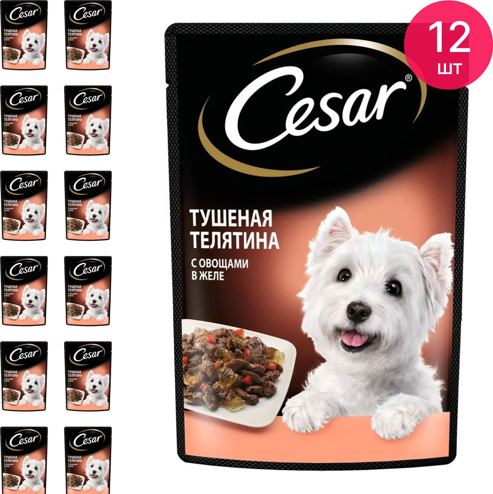 Корм влажный для собак Cesar / Цезарь с тушеной телятиной и овощами в желе, пауч 85г / зоотовары (комплект #1