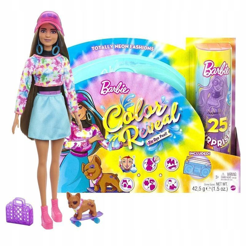 (голубой) Кукла Barbie Mattel Набор Color Reveal Neon Tie-Dye Барби с 25 сюрпризами Брюнетка с питомцем #1
