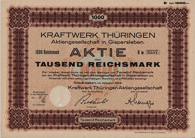 Германия, АО Электростанция Тюрингии, 1929 год, акция 1000 рейхсмарок  #1
