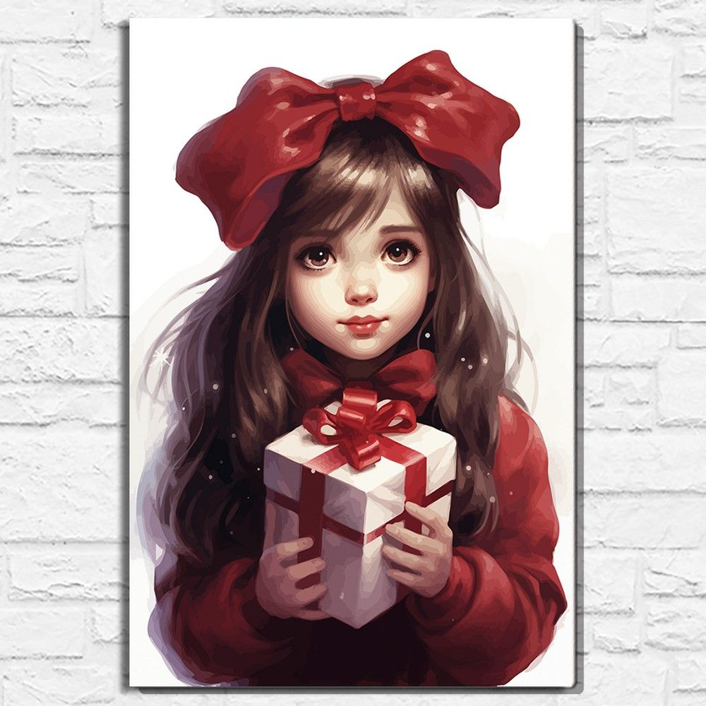 Картина по номерам на холсте новый год 2024 (девочка с подарком, Рождество) - 12657 В 60x40  #1