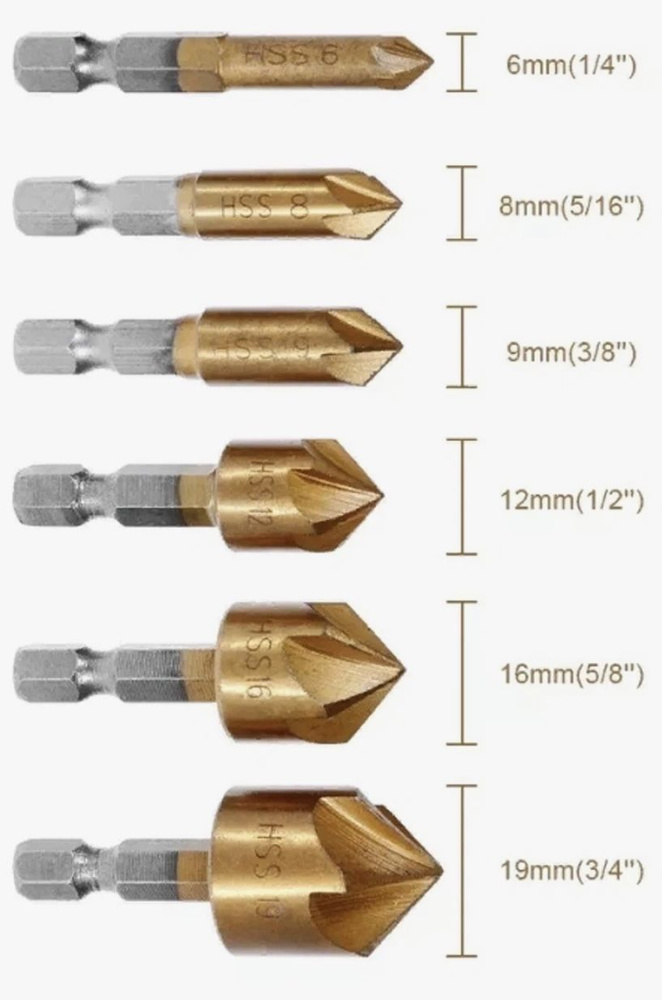 Набор зенкеров по металлу и дереву 6, 8, 9, 12, 16 и 19мм с титановым покрытием, 6шт  #1