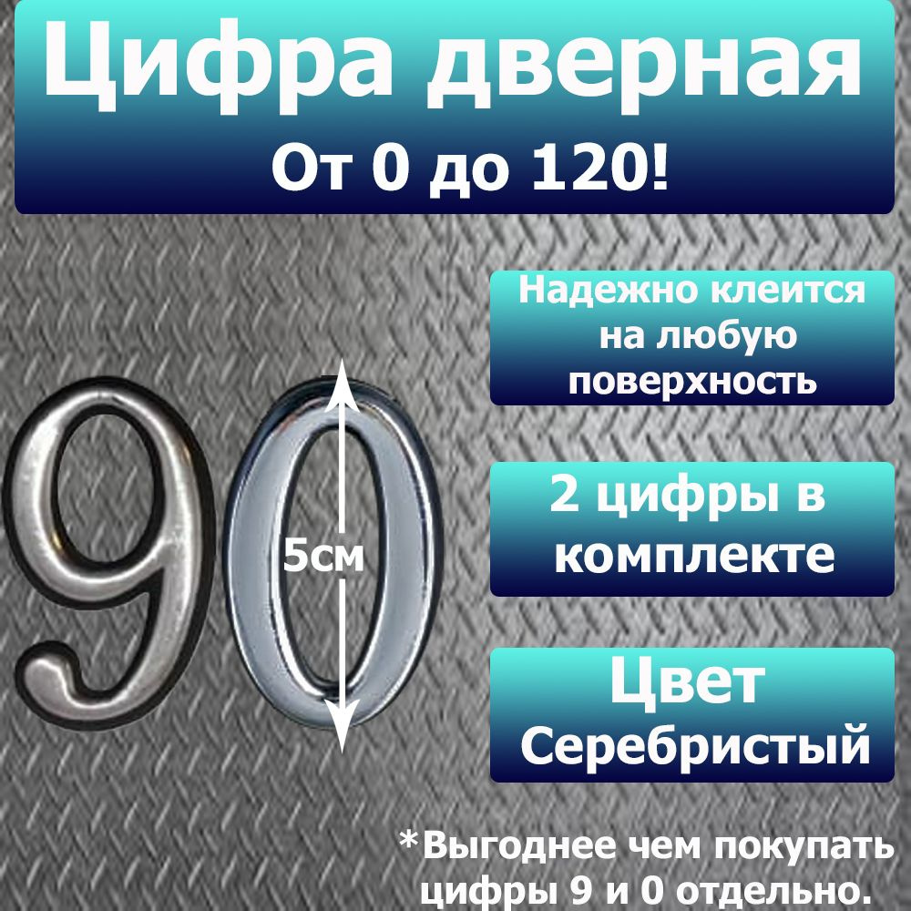 Цифра на дверь квартиры самоклеящаяся №90 с липким слоем Серебро, номер дверной Хром, Все цифры от 0 #1