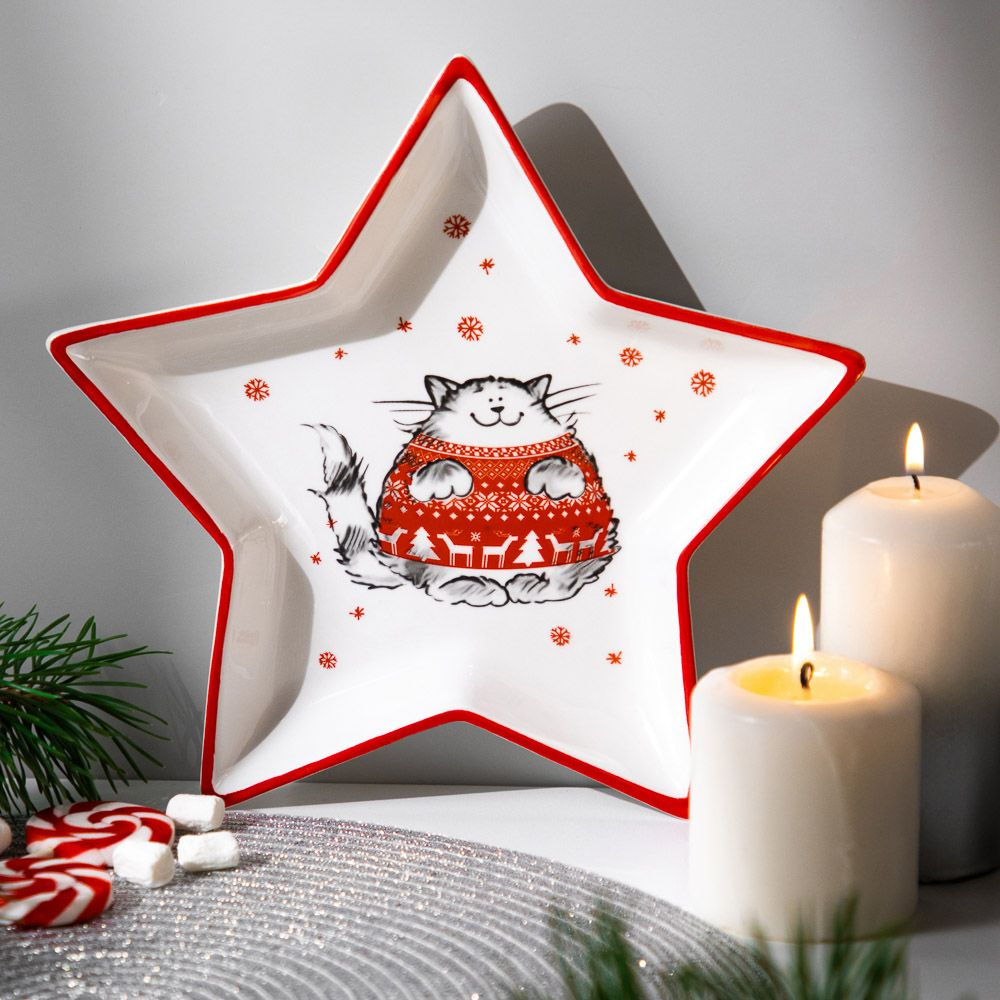 Блюдо MILLIMI Новогодние коты, в форме звезды, 25х23,5х3см, керамика  #1