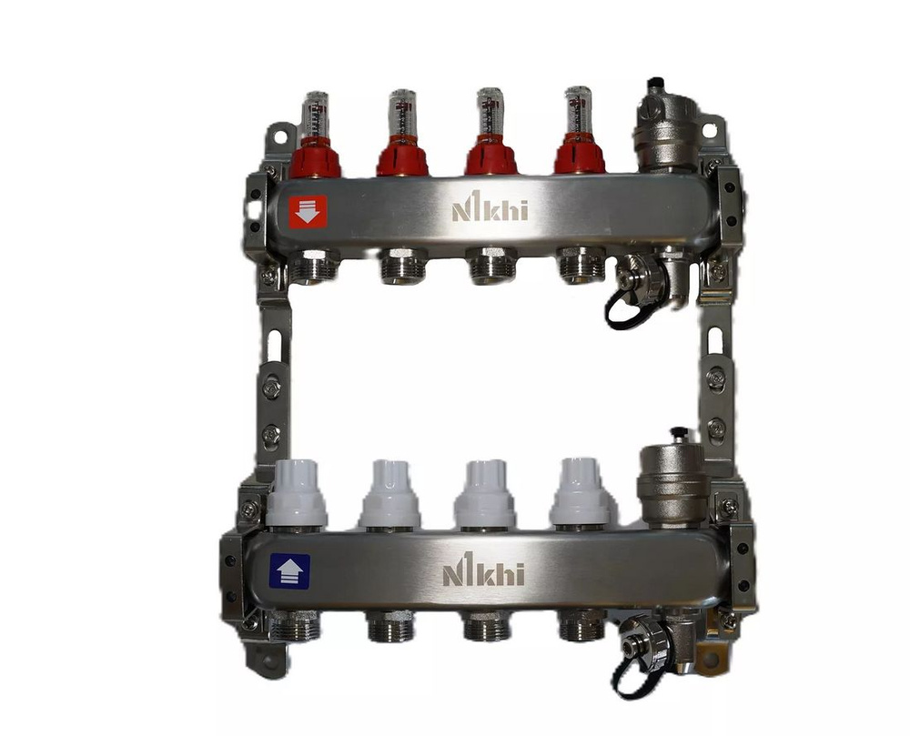 Коллекторная группа c расходомерами 1'x3/4', 4 выходов, НЖ сталь Nikhi  #1