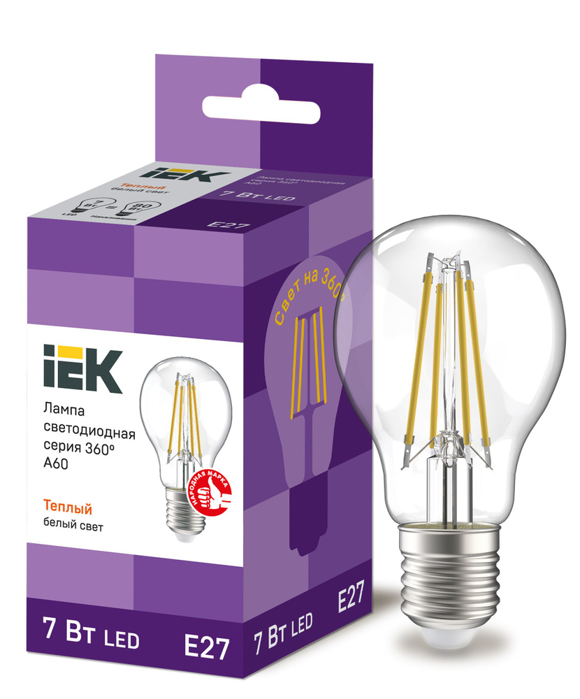 IEK Лампа светодиодная E27 175-250 В 7 Вт груша прозрачная 840 лм теплый белый свет (2 шт.), ZR87405020 #1