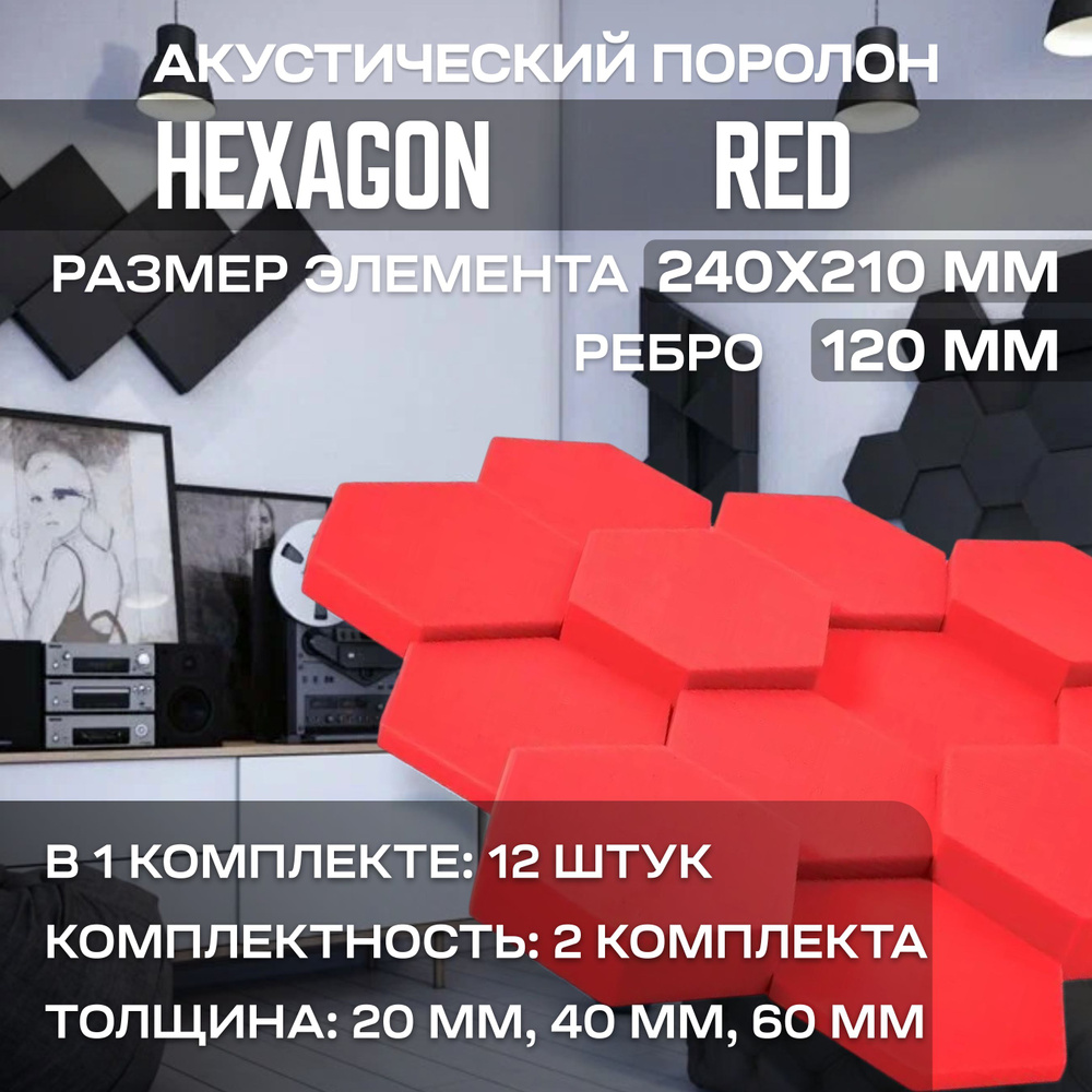 Акустический поролон Hexagon Red, 24 штуки #1