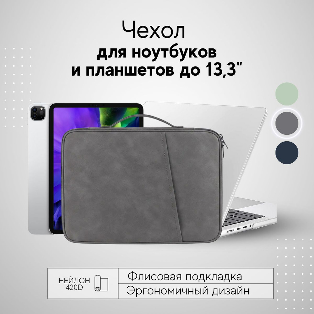 Сумка чехол для ноутбука Macbook M1 M2 M3 13.3 с ручкой мягкий, серый  #1