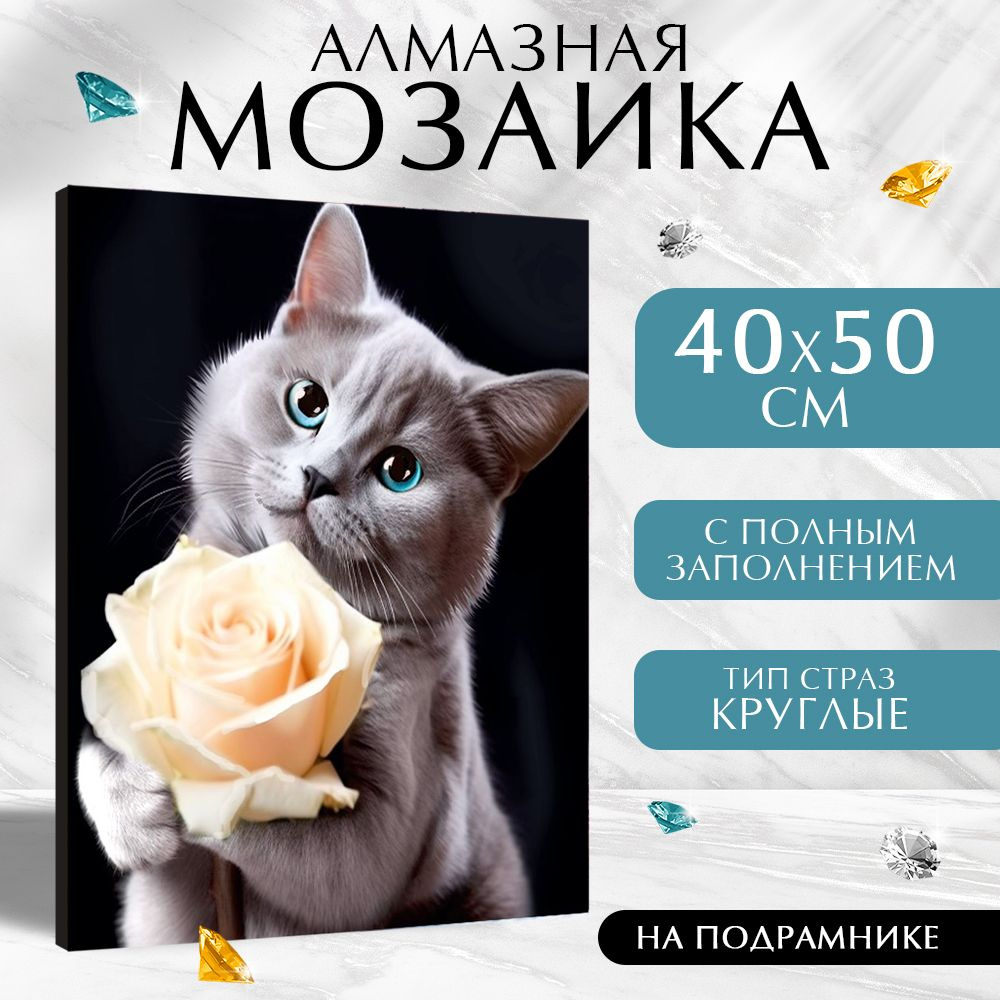 Алмазная мозаика на подрамнике 40х50, Школа талантов, "Котенок с розой", набор для творчества  #1