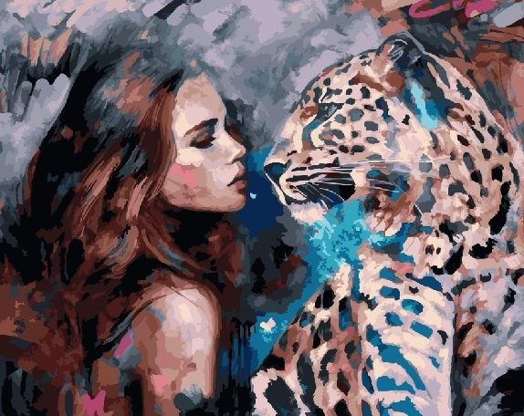 Алмазная мозаика на подрамнике / Вышивка / Картина стразами "Девушка и леопард" 40х50 см  #1
