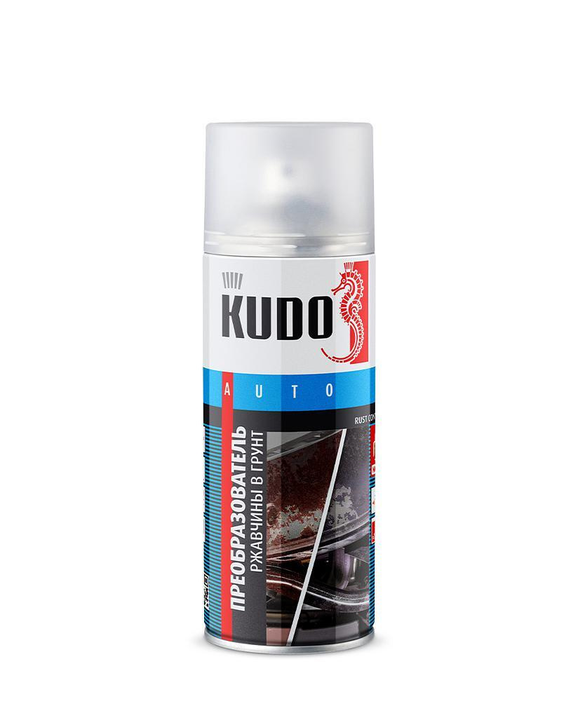 Высококачественный кислотный преобразователь ржавчины в грунт KUDO® KU-2601, предназначенный для обработки поражённых коррозией металлических поверхностей перед их покраской. Преобразовывает ржавчину и предотвращает её повторное появление. Создаёт готовое к окраске стойкое к растворителям влагонепроницаемое покрытие. Автомобильный грунт по ржавчине не требует смывания водой. При распылении продукт прозрачен, после высыхания приобретает чёрный цвет в местах контактах с коррозией.  Обработанные преобразователем поверхности можно шпатлевать, а также окрашивать любыми типами грунтов и эмалей. Расход: 1 баллон на 1–1,5 м² в зависимости от толщины слоя.