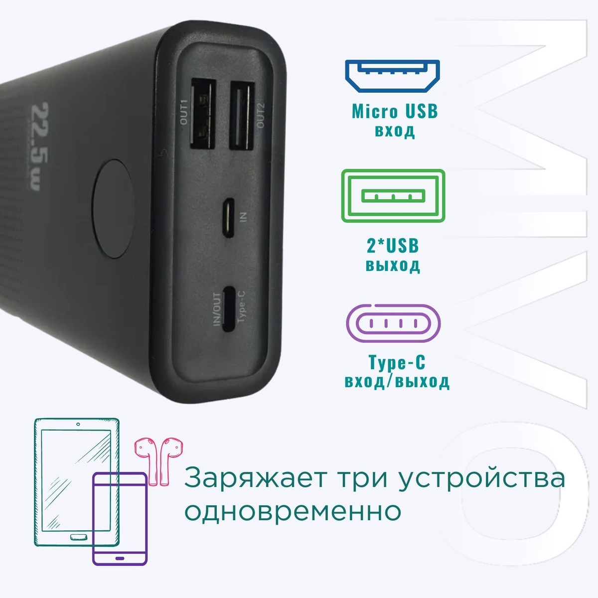 Один на троих. Аккумулятор способен заряжать до 3-х устройств одновременно. Чем больше устройств подключено, тем медленнее будет идти заряд.