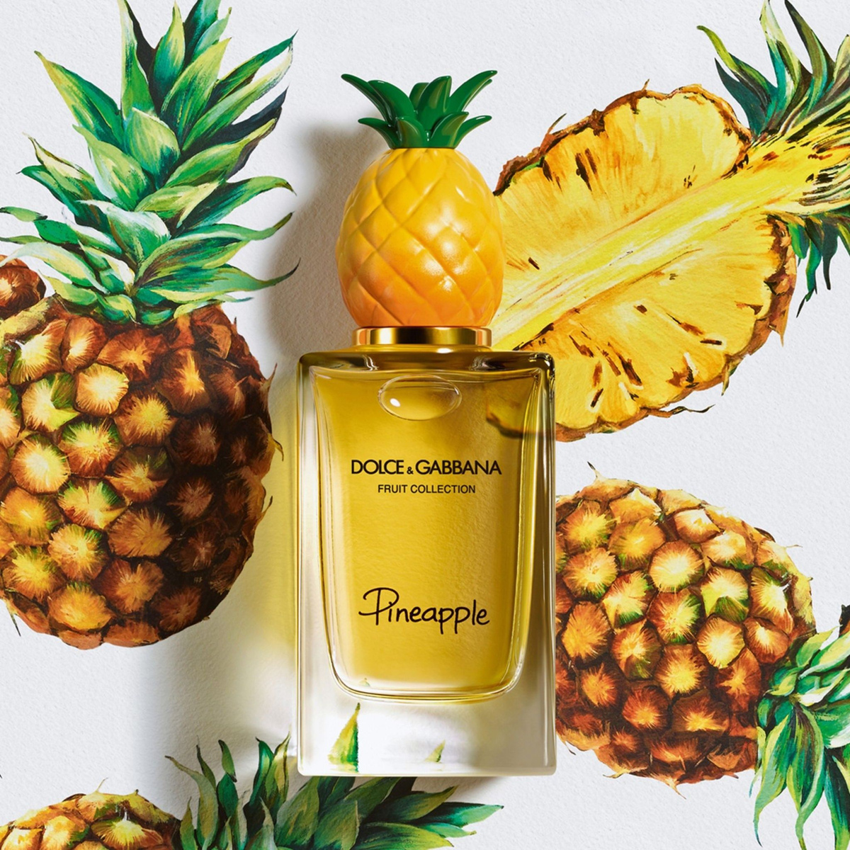 Pineapple Dolce&Gabbana Fruit Collection — парфюм с фруктово-цитрусовым ароматом. В этом аромате парфюмер передаёт сладкую пряность ананаса с помощью технологии Smell-the-Taste, инновационного метода захвата натуральных ароматов в форме аромата. Темпераментный и свежий аромат ананаса олицетворяет собой чистую радость жизни и наслаждение похожее на первый укус сладкого фрукта, созревшего под солнцем Сицилии. Аромат открывается свежими, сочными нотами сицилийского мандарина и сладкими экзотическими фруктовыми аккордами ананаса, которые переплетаются в сердце парфюмерной композиции с изысканными страстными оттенками белых цветков жасмина самбака. Насыщенный и при этом воздушный шлейф аромата звучит утонченными цветочными акцентами орхидеи, смолистыми теплыми оттенками янтаря, дымными терпкими нотами листьев и нежными пудровыми аккордами восточной ванили.