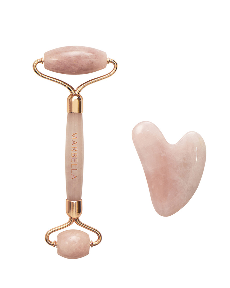 Подарочный набор для массажа лица MARBELLA Premium роллер + гуаша сердечко из натурального розового кварца #1