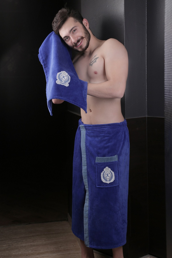 Набор для бани и сауны мужской подарочный KORAL ярко-синий, комплект килт банный махровый 65х145+полотенце #1