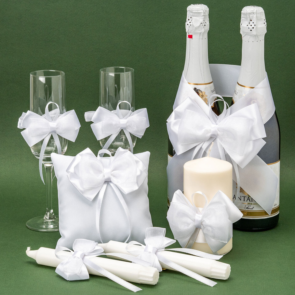 Комплект из 7 предметов для свадебного декора бракосочетания "Белые банты" с атласными бантами белоснежного #1