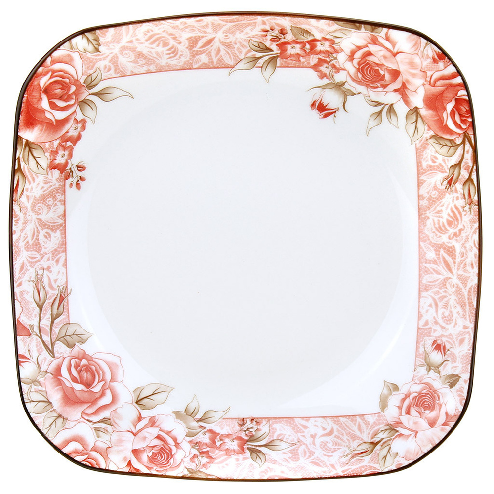 Тарелка глубокая суповая "Розы, розовый фон", д180мм h35мм, 400мл, квадратная, с деколью, фарфор  #1