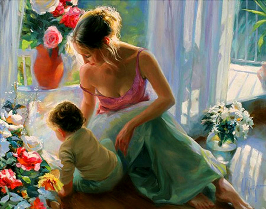 Картина по номерам на холсте 40х50 40 x 50 на подрамнике "Мама с мальчиком и цветы в гостинной." DVEKARTINKI #1