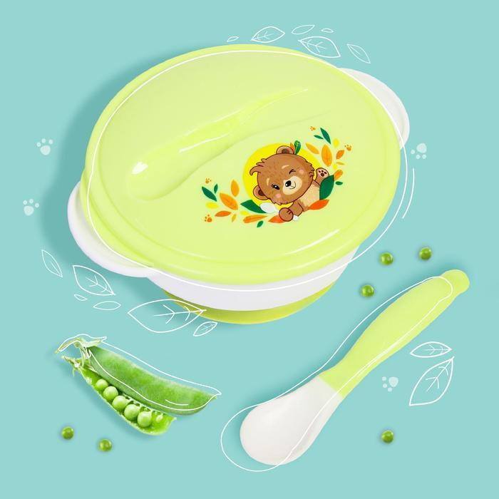 Набор детской посуды Друзья, 3 предмета: тарелка на присоске, крышка, ложка, цвет зелёный  #1
