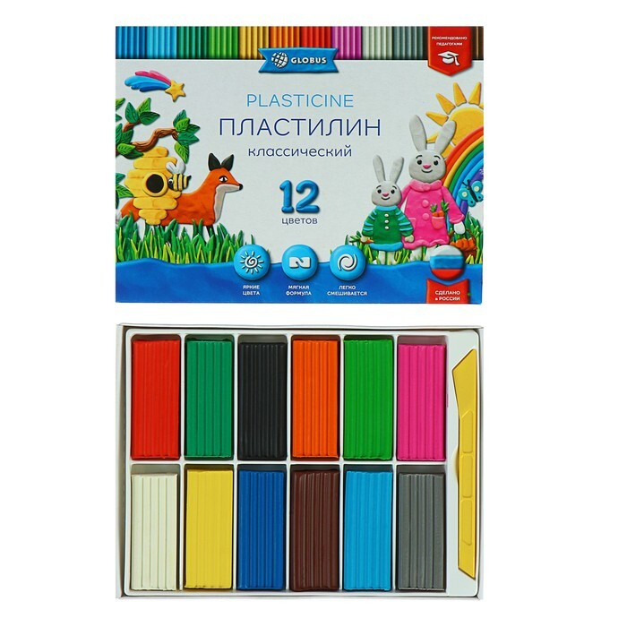 Пластилин GLOBUS "Классический", 12 цветов, 240 г, рекомендован педагогами  #1