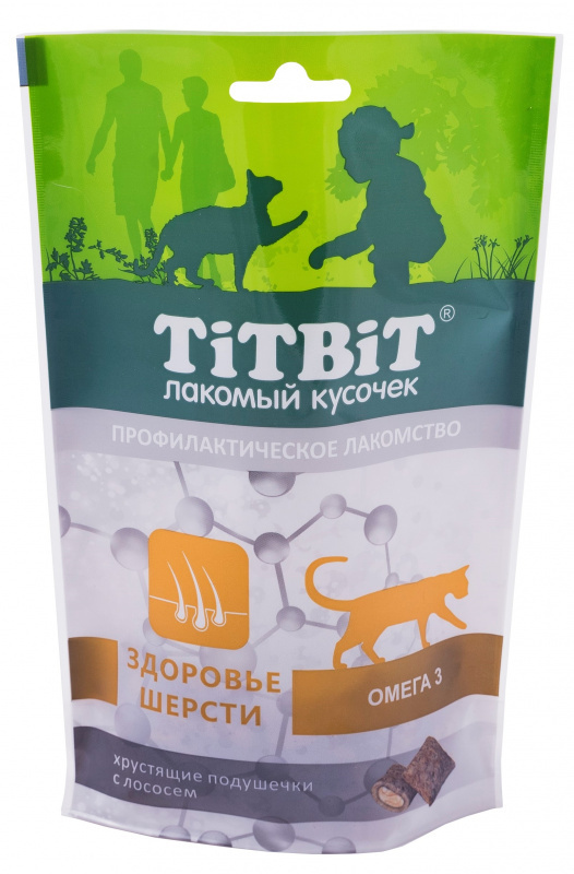 Лакомство для кошек TiTBiT 60 гр, хрустящие подушечки с лососем для здоровья шерсти  #1