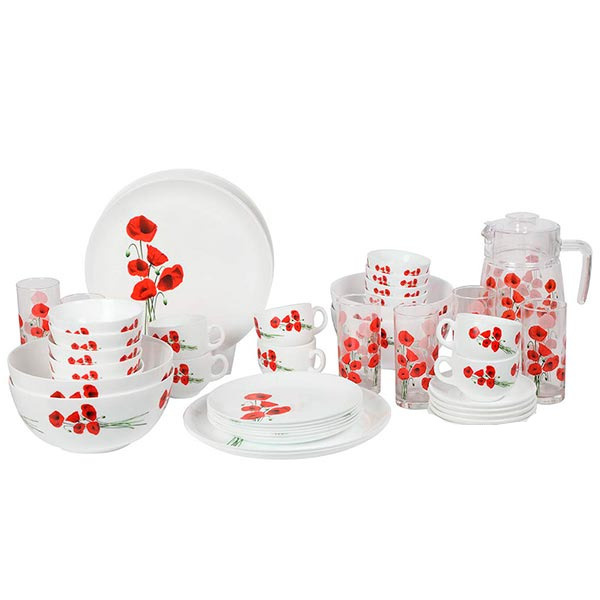 Столовый набор посуды с маками, 44 предмета, тарелки, график, кружки, стаканы  #1