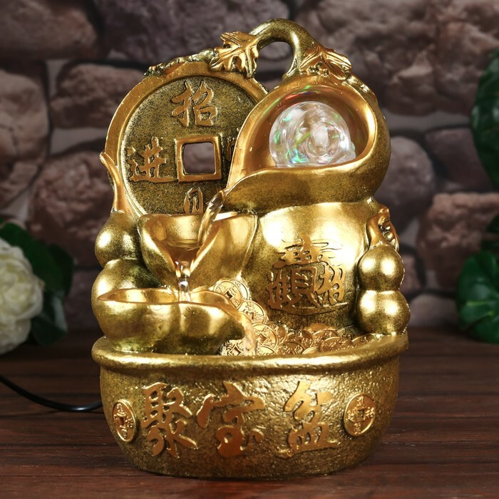 Фонтан для дома, настольный от сети, подсветка "Китайская монета", золото 26х18х17 см  #1
