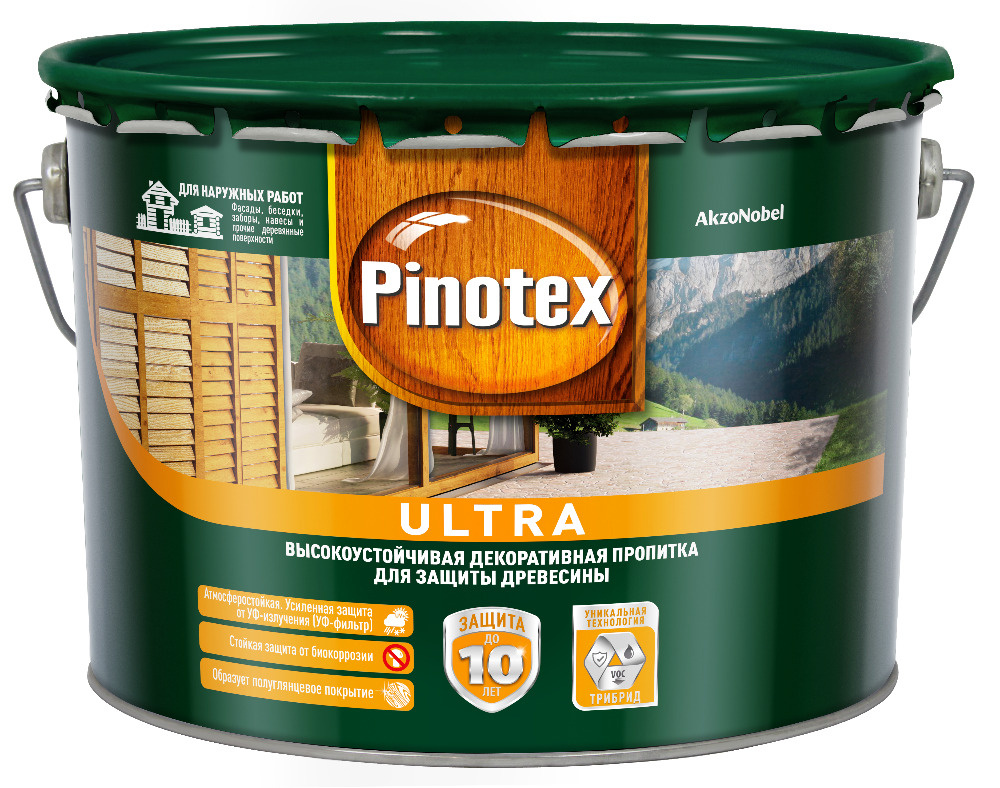 Pinotex Ultra/Пинотекс Ультра , 9л, Цвет Сосна, декоративное тиксотропное деревозащитное средство.  #1
