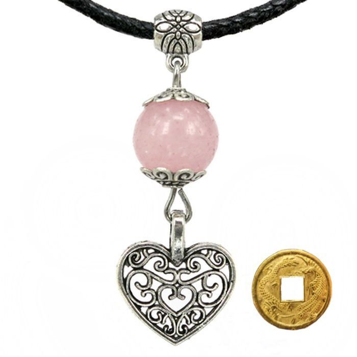Амулет На счастье в любви (сердце) с натуральным камнем розовый кварц + монета "Денежный талисман"  #1