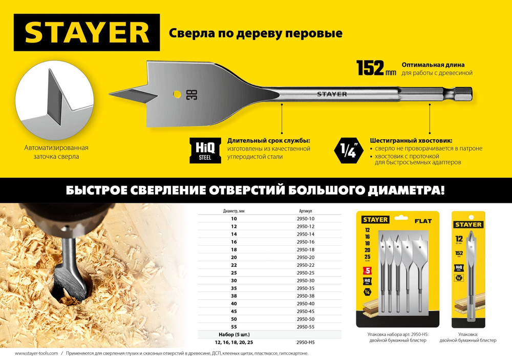 STAYER FLAT 30x152мм, сверло по дереву перовое #1