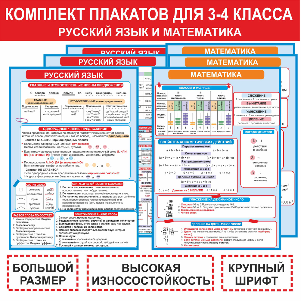 Школьные плакаты 3-4 класс (русский язык + математика), для начальной школы А3 формат 6 шт  #1