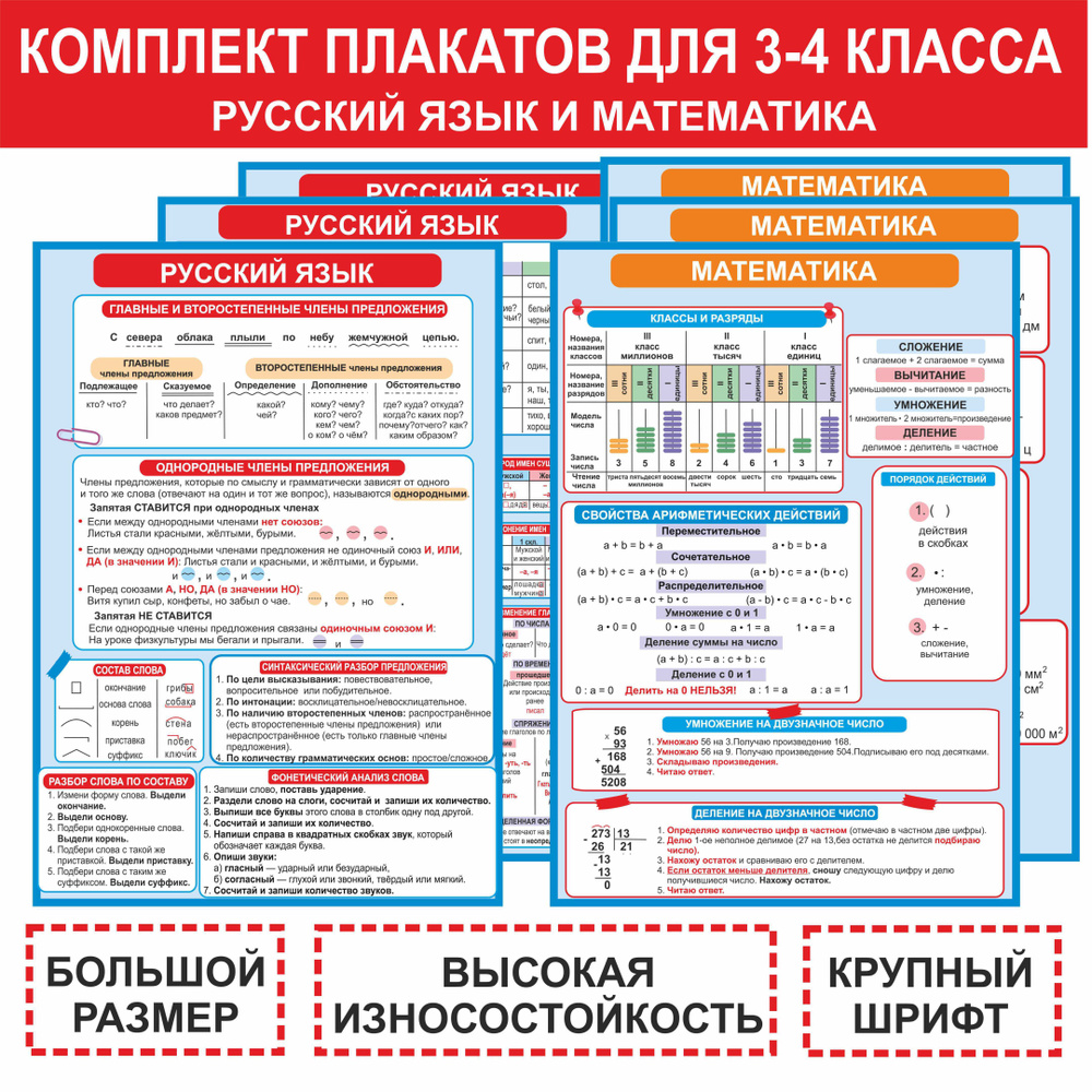 Школьные плакаты 3-4 класс (русский язык + математика), для начальной школы  А3 формат 6 шт - купить с доставкой по выгодным ценам в интернет-магазине  OZON (383642779)