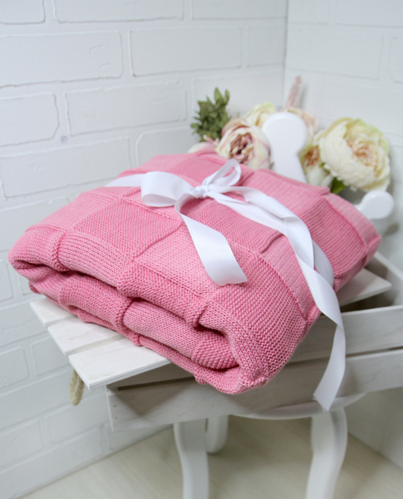 Домашний розовый плед в клетку вязаный на диван RoyalDream 165х95 см, нежно-розовый  #1
