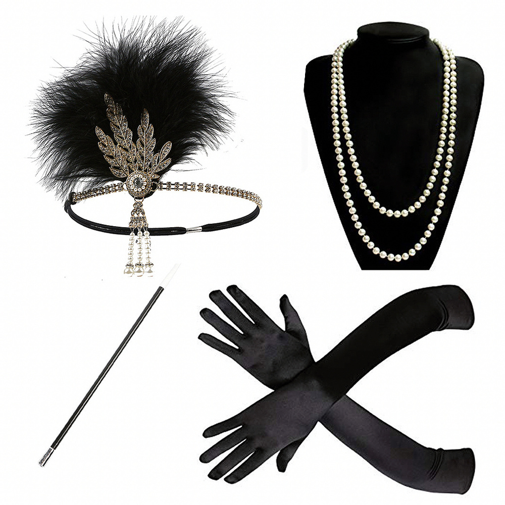 Повязка, перчатки, жемчужное ожерелье и мундштук, набор для вечеринки в стиле 20-х годов, Казино, Великий #1