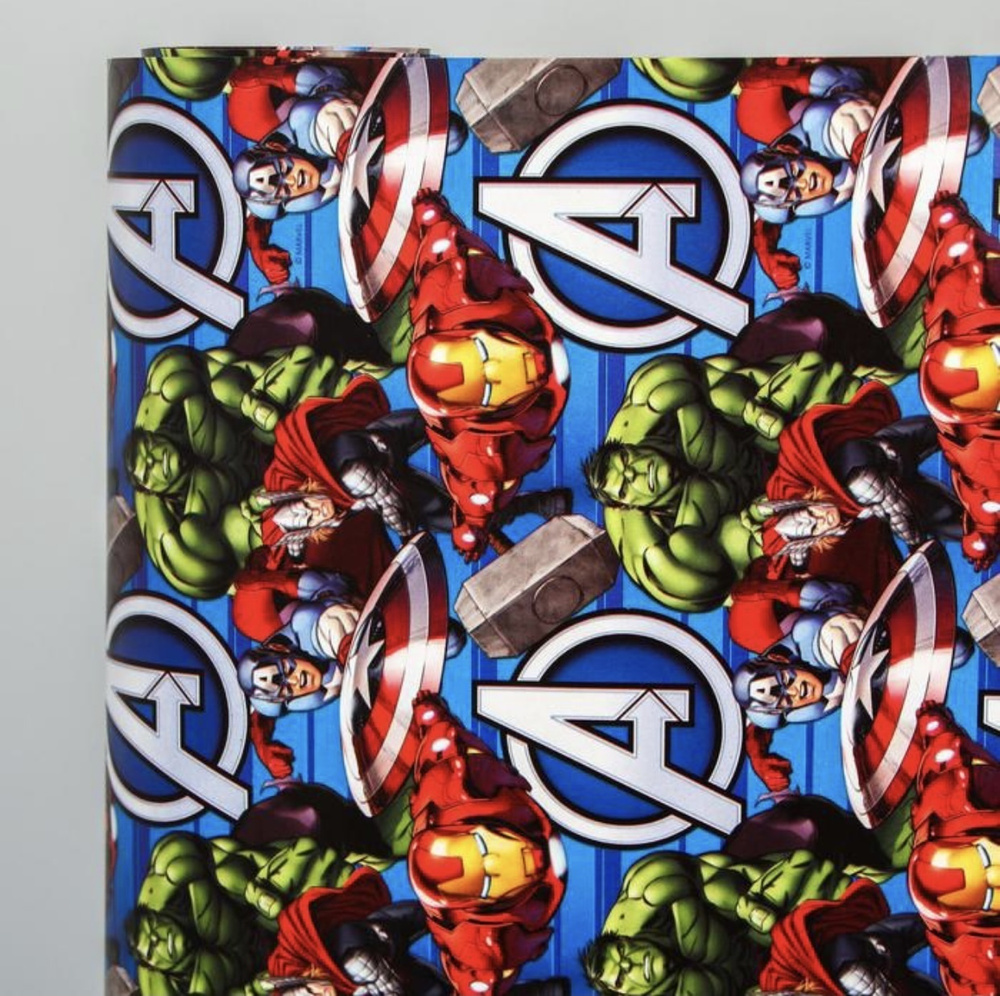 Упаковочная бумага для подарков детская глянцевая Мстители супер герои 60x90 см 1 лист/ бумага подарочная #1