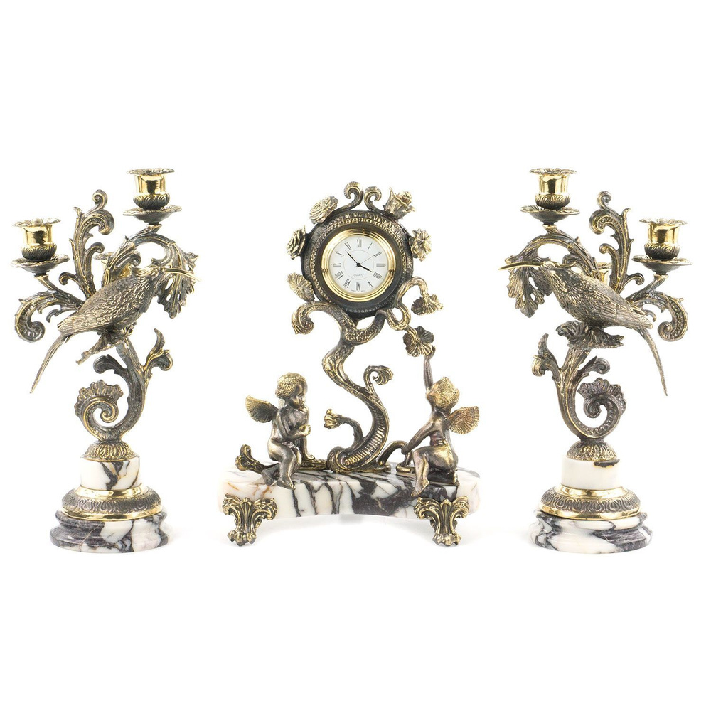 Каминные часы "Колибри" из мрамора с канделябрами из бронзы/ часы настольные / декоративные часы / часы #1