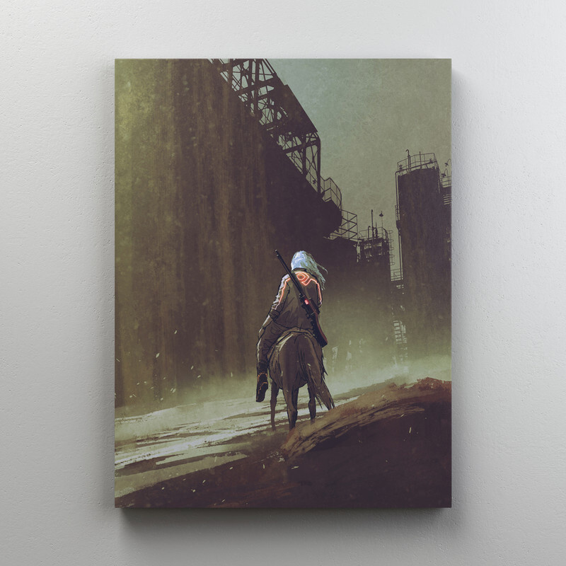 Интерьерная картина на холсте "Странник с ружьем верхом на лошади, идущий в пустынном городе с промышленным #1