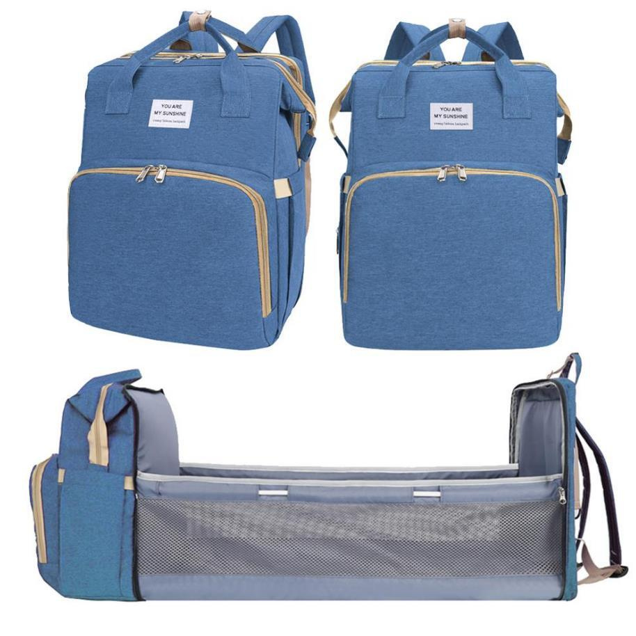 Водонепроницаемая многофункциональная сумка для мамы - складная детская кроватка - рюкзак - синяя  #1