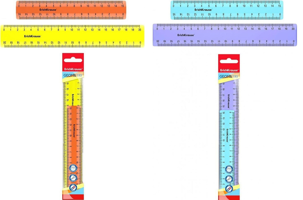 Набор из 4-х линеек Erich Krause 15см. и 20см. (желтый+оранжевый)+(голубой+фиолетовый)  #1
