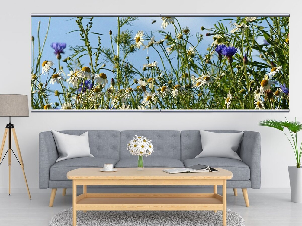 Картина на холсте "Луговые цветы, полевые цветы, васильки" 240x90 см. с алюминиевыми подвесами, в тубусе #1