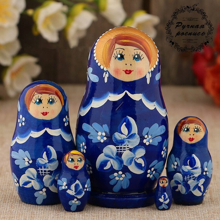 Матрешка "Гжель", синее платье, 5 кукол, 10 см (3371602) #1