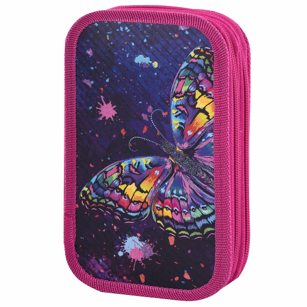 Пенал 2 отделения, ламинированный картон, блестки, 19х11 см, "Colorful butterfly", 270886  #1