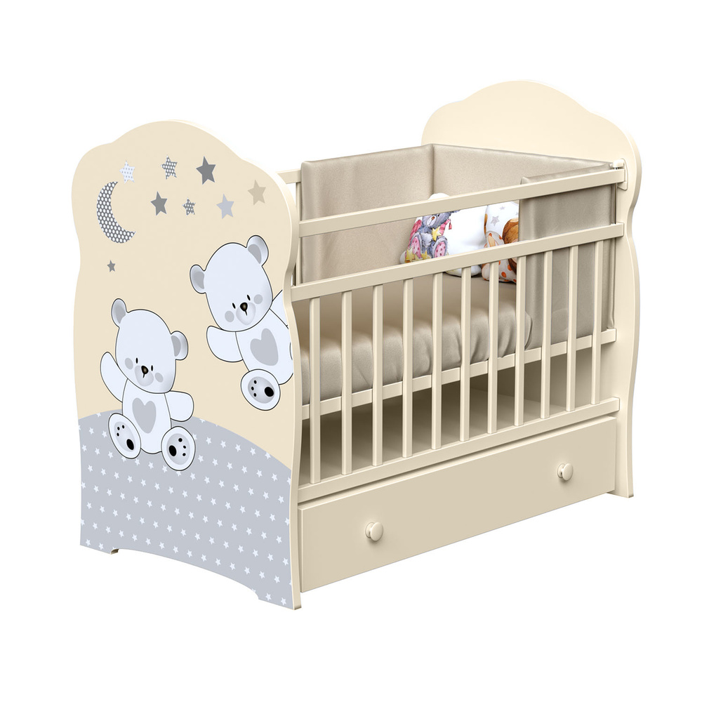 Кроватка детская ВДК Funny Bears для новорожденных, с маятником и ящиком для белья, массив березы, слоновая #1