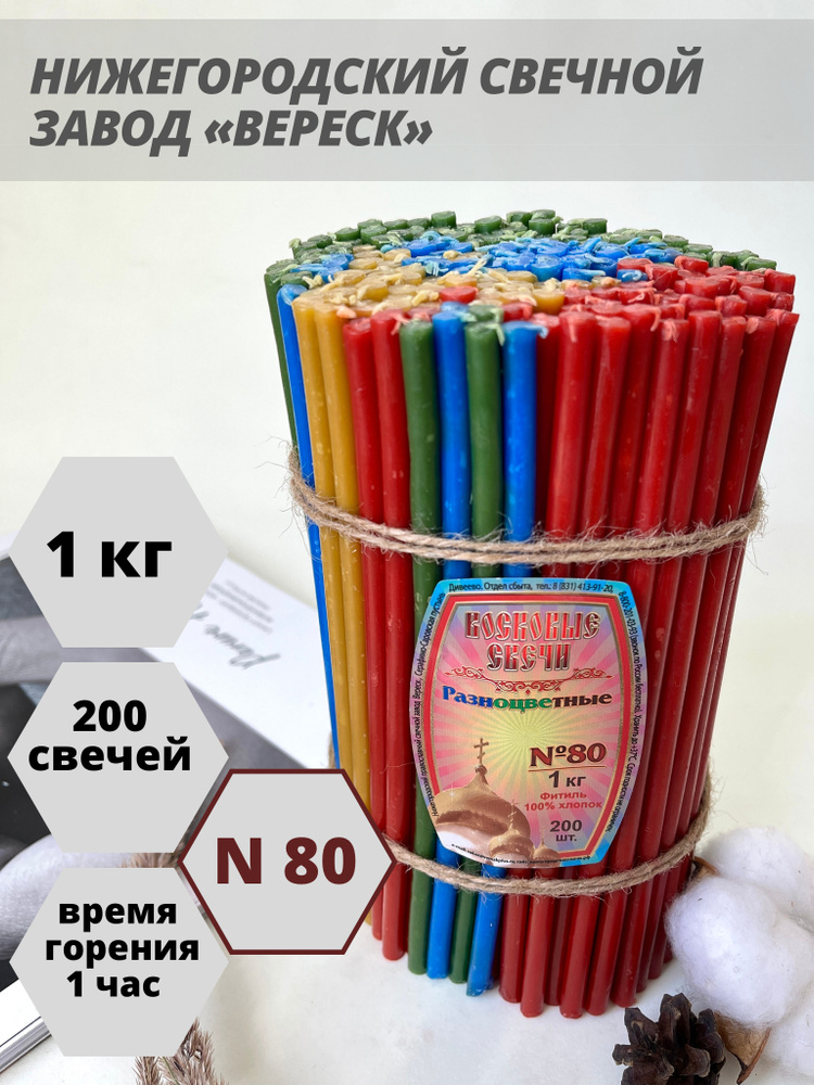 Нижегородские свечи Разноцветные - завод Вереск №80, 1 кг. Свечи восковые, церковные, цветные  #1