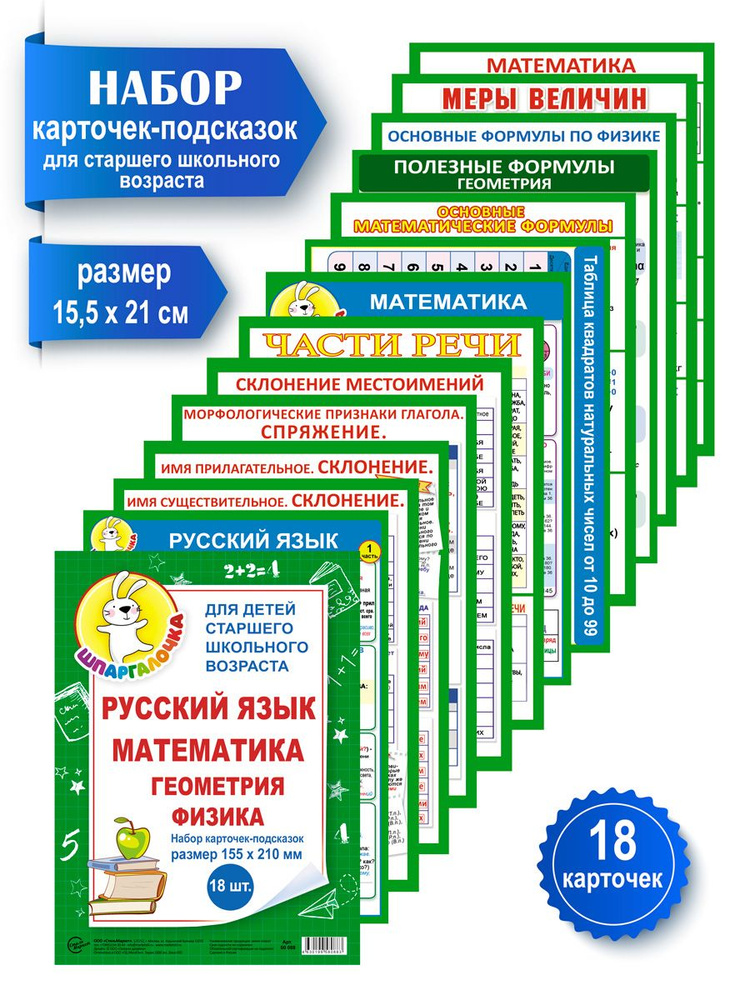 Набор карточек-подсказок для старшего школьного возраста, шпаргалки по русскому языку, математике, геометрии, #1