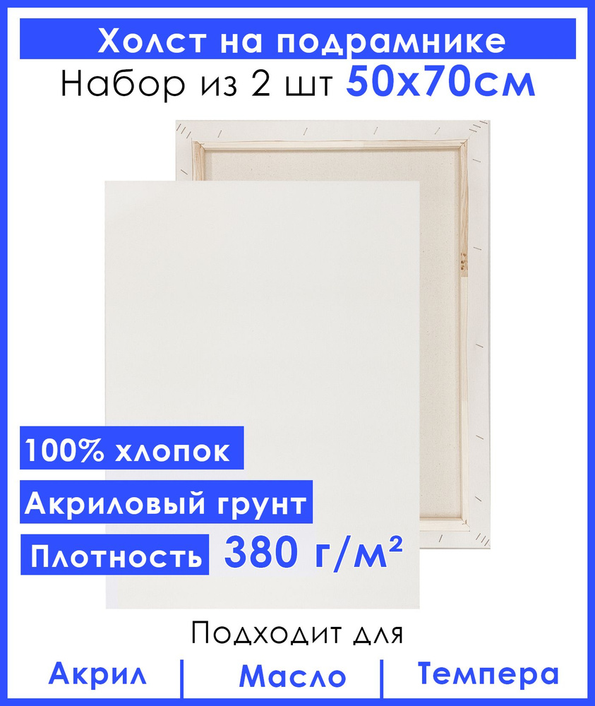 Холст грунтованный на подрамнике 50х70 см, двунитка хлопок 100%, для рисования, набор 2 шт.  #1