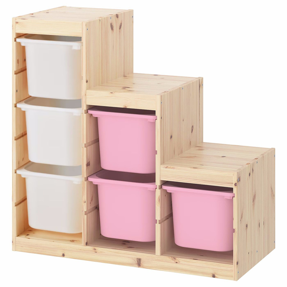 Деревянный стеллаж ТРУФАСТ Лесенка с розовыми (3) и белыми (3) ящиками  #1
